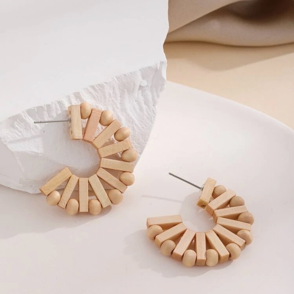 Natural Wooden Bead Hoop Earrings
